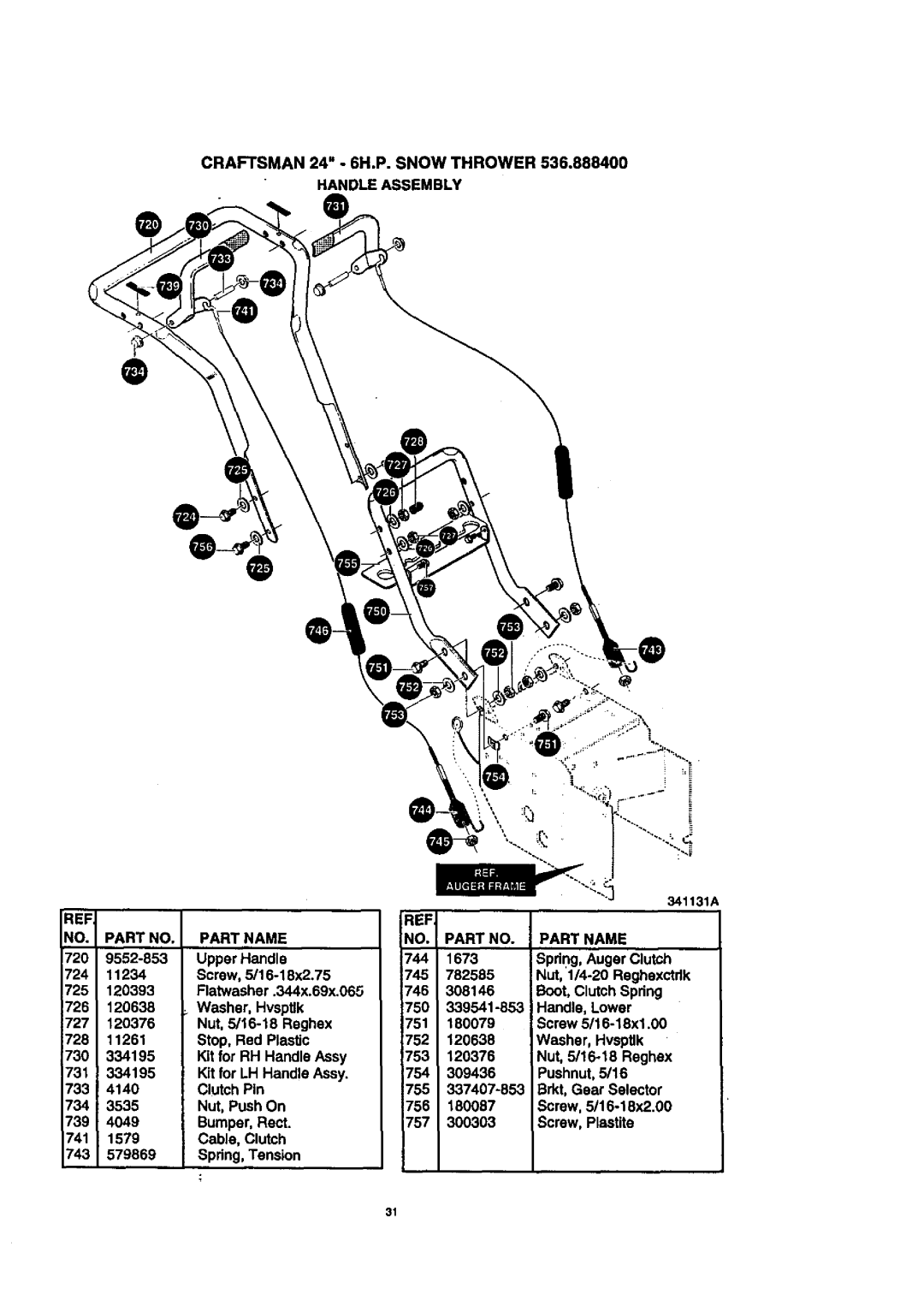 Craftsman 536.8884 manual Handle Assembly Partno Part Name, 734 