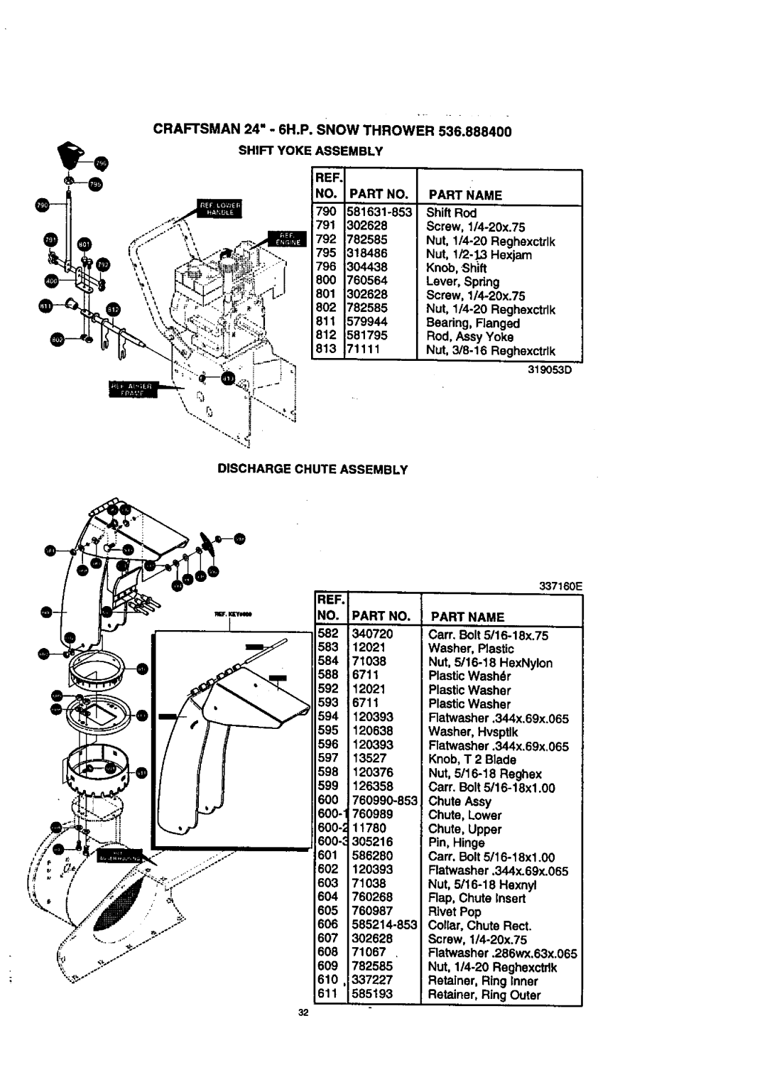 Craftsman 536.8884 manual Shift Yoke Assembly Partname, Discharge Chute Assembly, IEF Part Name 