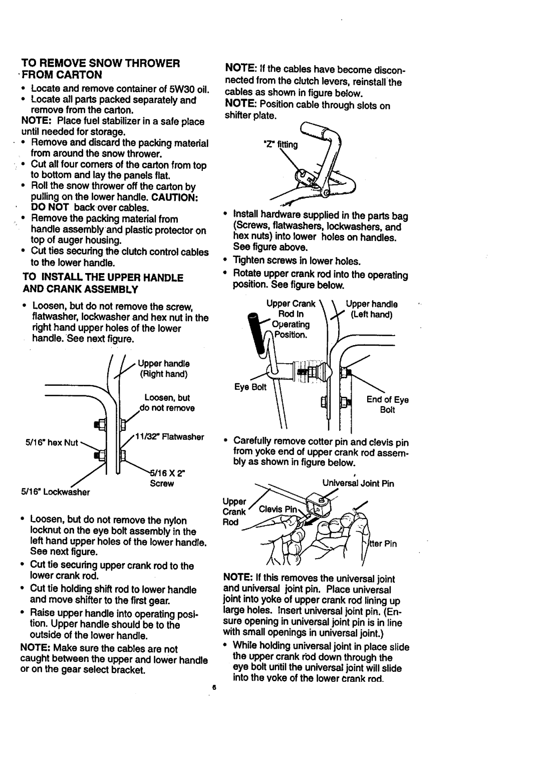 Craftsman 536.8884 manual To Remove Snow Thrower From Carton, To Installthe Upper Handle and Crank Assembly 