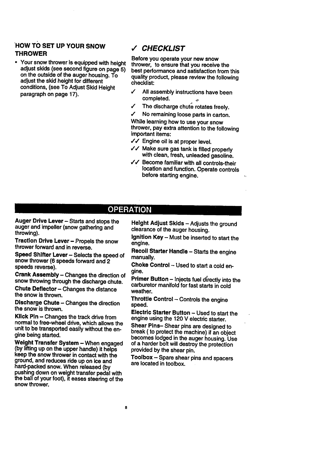 Craftsman 536.8884 manual Checklist, HOW to SET UP Your Snow Thrower 