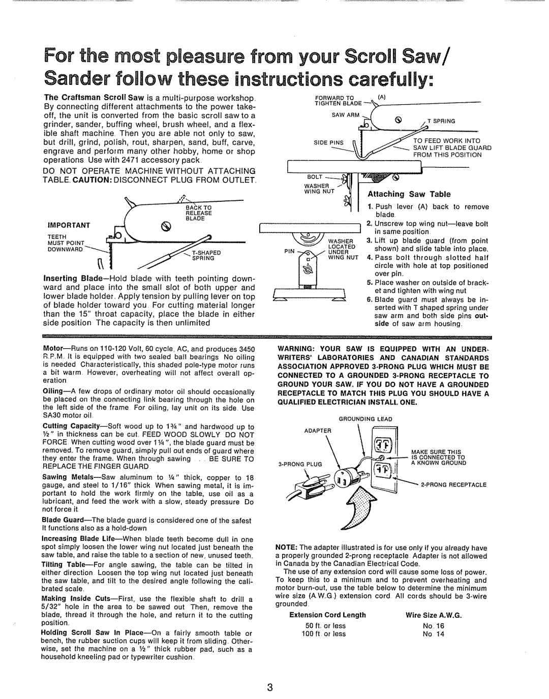 Craftsman 572.24700 manual Attaching Saw Table, Extension Cord Length Wire Size 