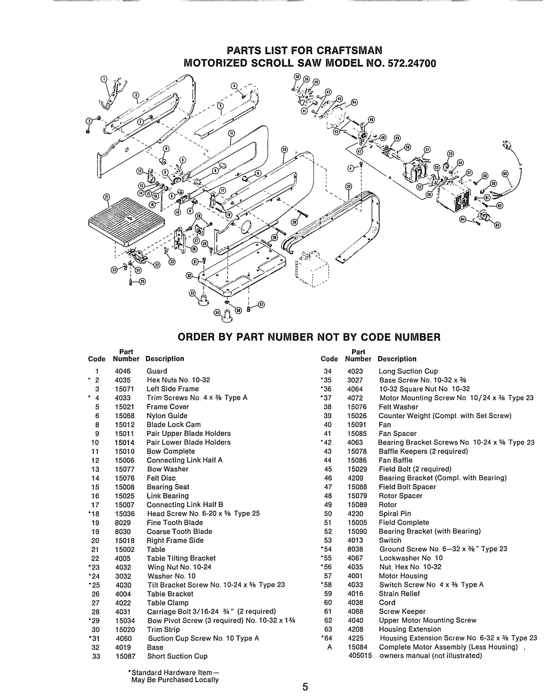 Craftsman 572.24700 Part Code Number Description, Number Description 4046, Long Suction Cup 4035, Left Side Frame 4064 