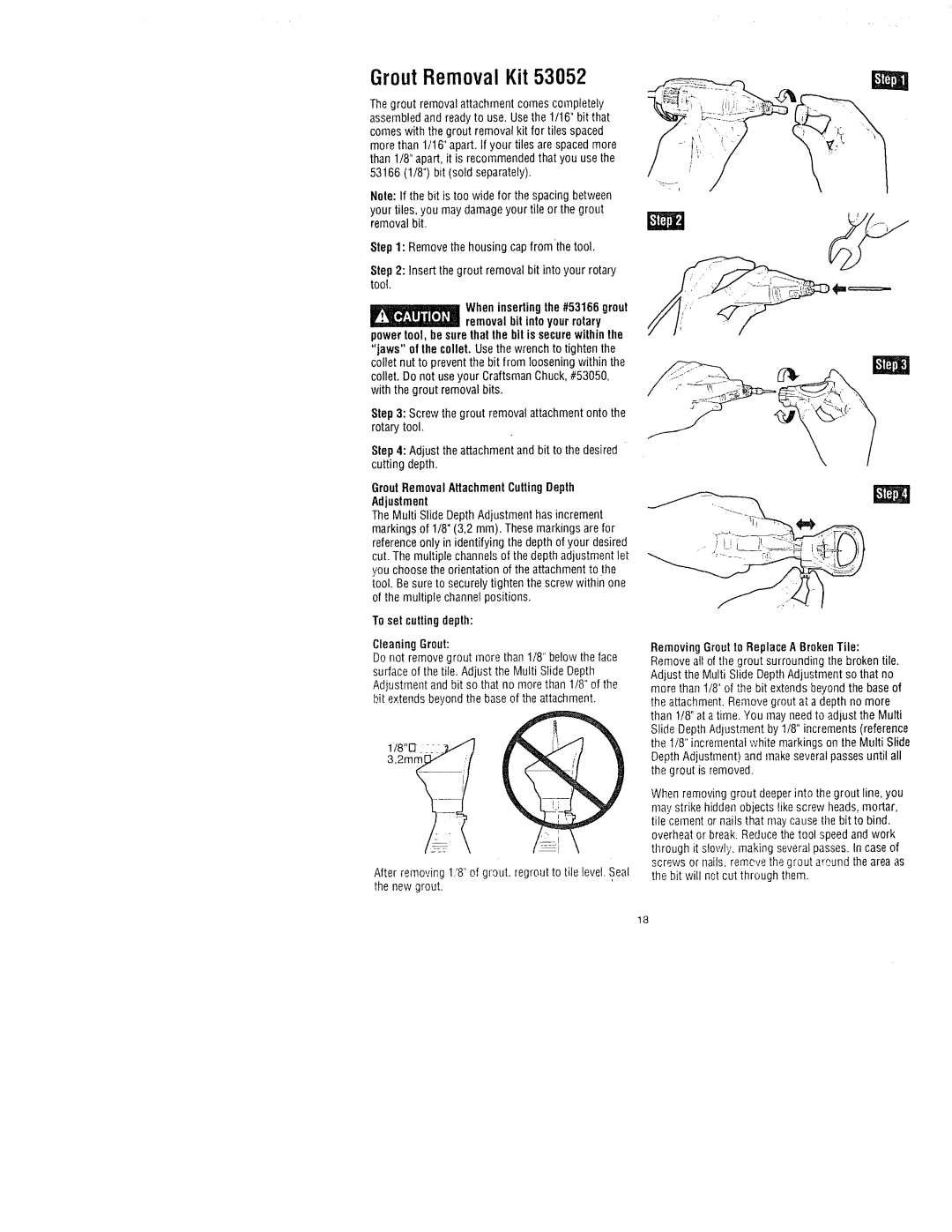 Craftsman 572.61083, 572.61096 Grout Removal Kit, GroutRemoval AttachmentCuttingDepth Adjustment, To set cuttingdepth 