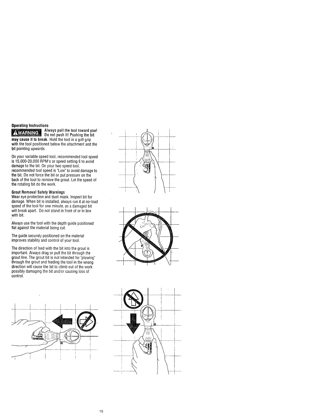 Craftsman 572.61096, 572.61083, 572.61095 owner manual GroutRemoval Safety Warnings 