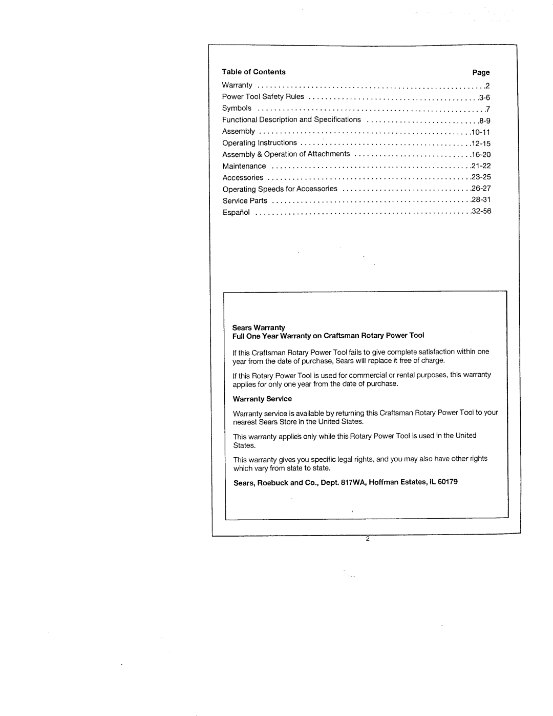 Craftsman 572.61095, 572.61083, 572.61096 owner manual FullOne Year Warranty on Craftsman Rotary Power Tool 