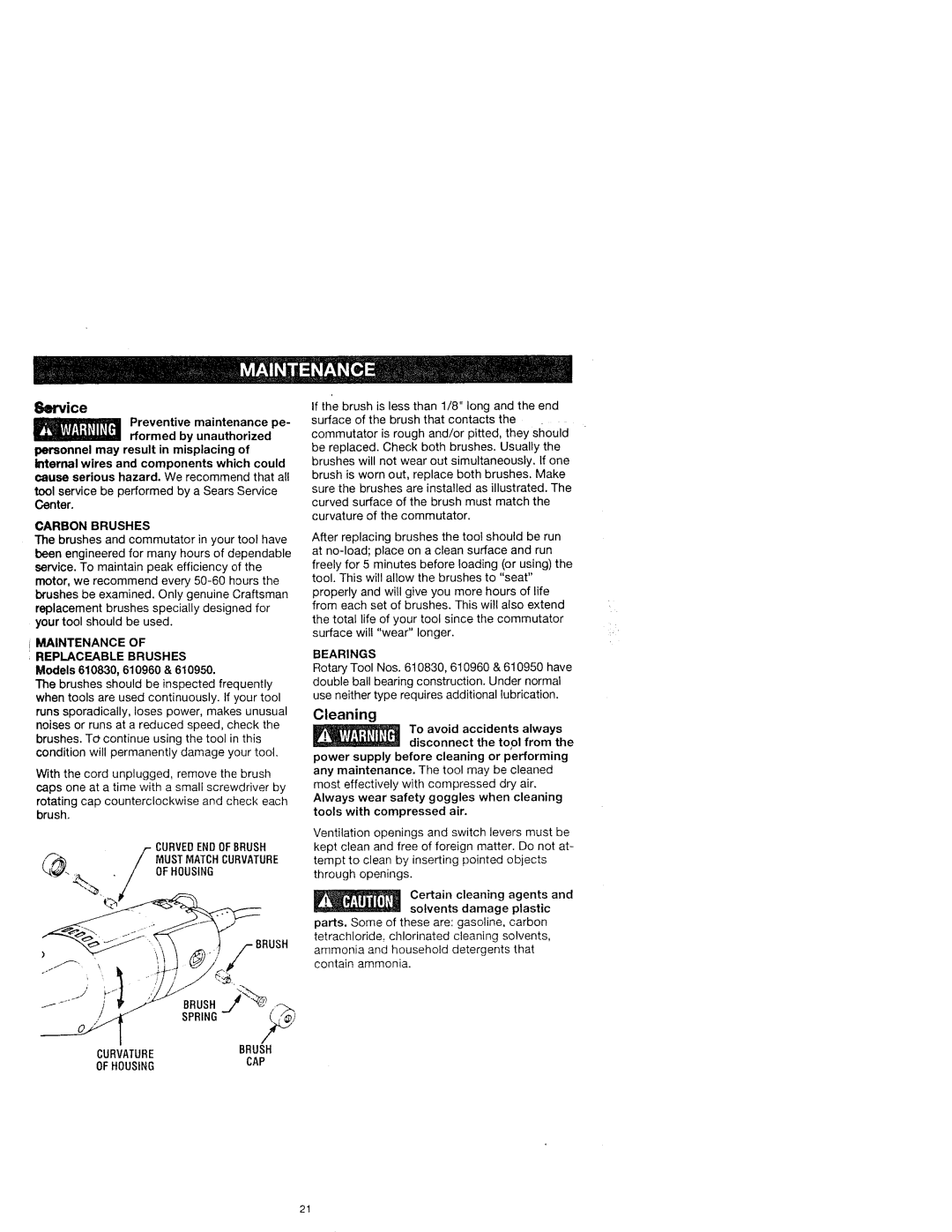 Craftsman 572.61083 Carbon Brushes, Maintenance Replaceable Brushes Models 610830, 610960, QMUSTMATCHOFHOUStNGCURVATURE 