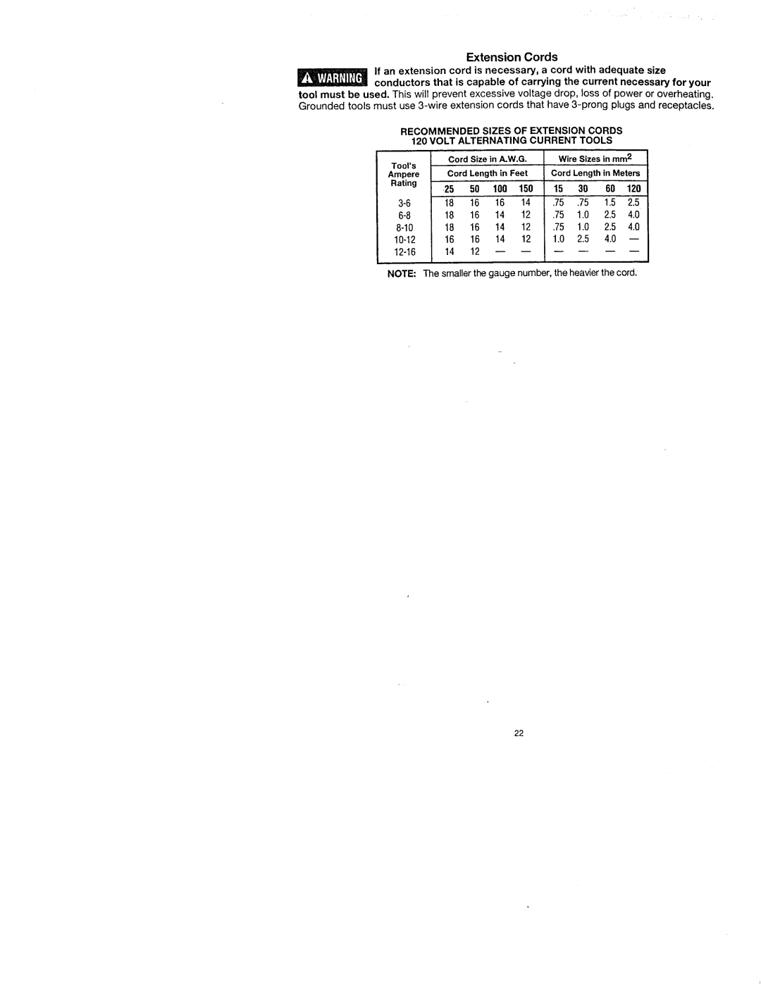 Craftsman 572.61096, 572.61083, 572.61095 owner manual Extension Cords, 100 150 120 