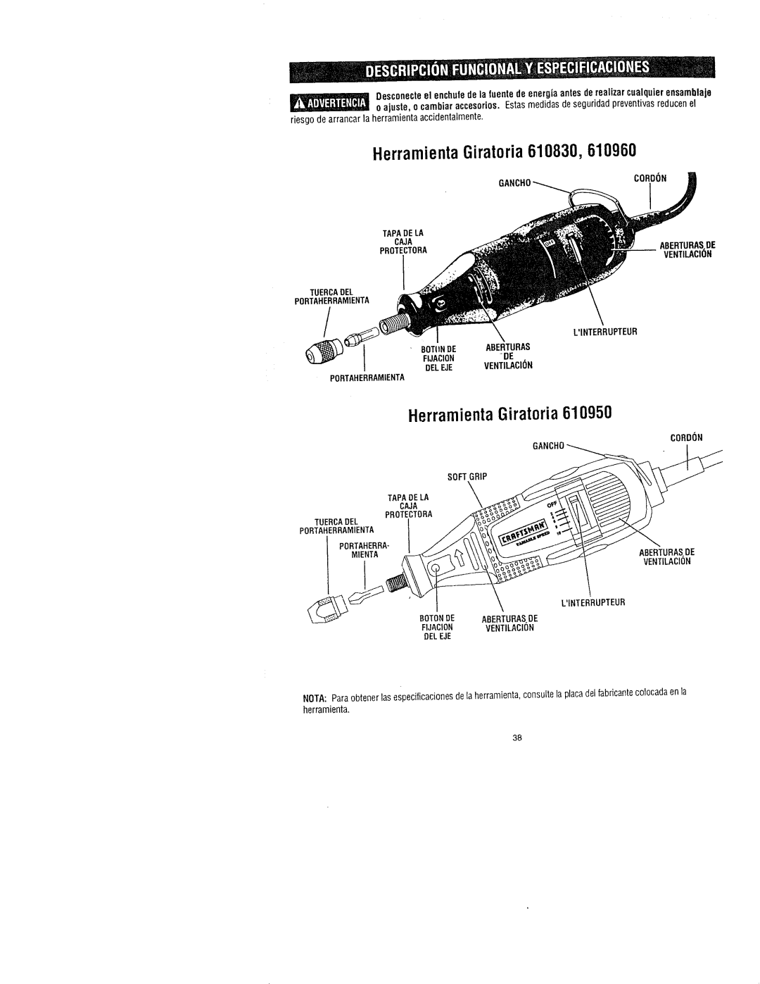 Craftsman 572.61095, 572.61083, 572.61096 owner manual Herramienta Giratoria 610830 