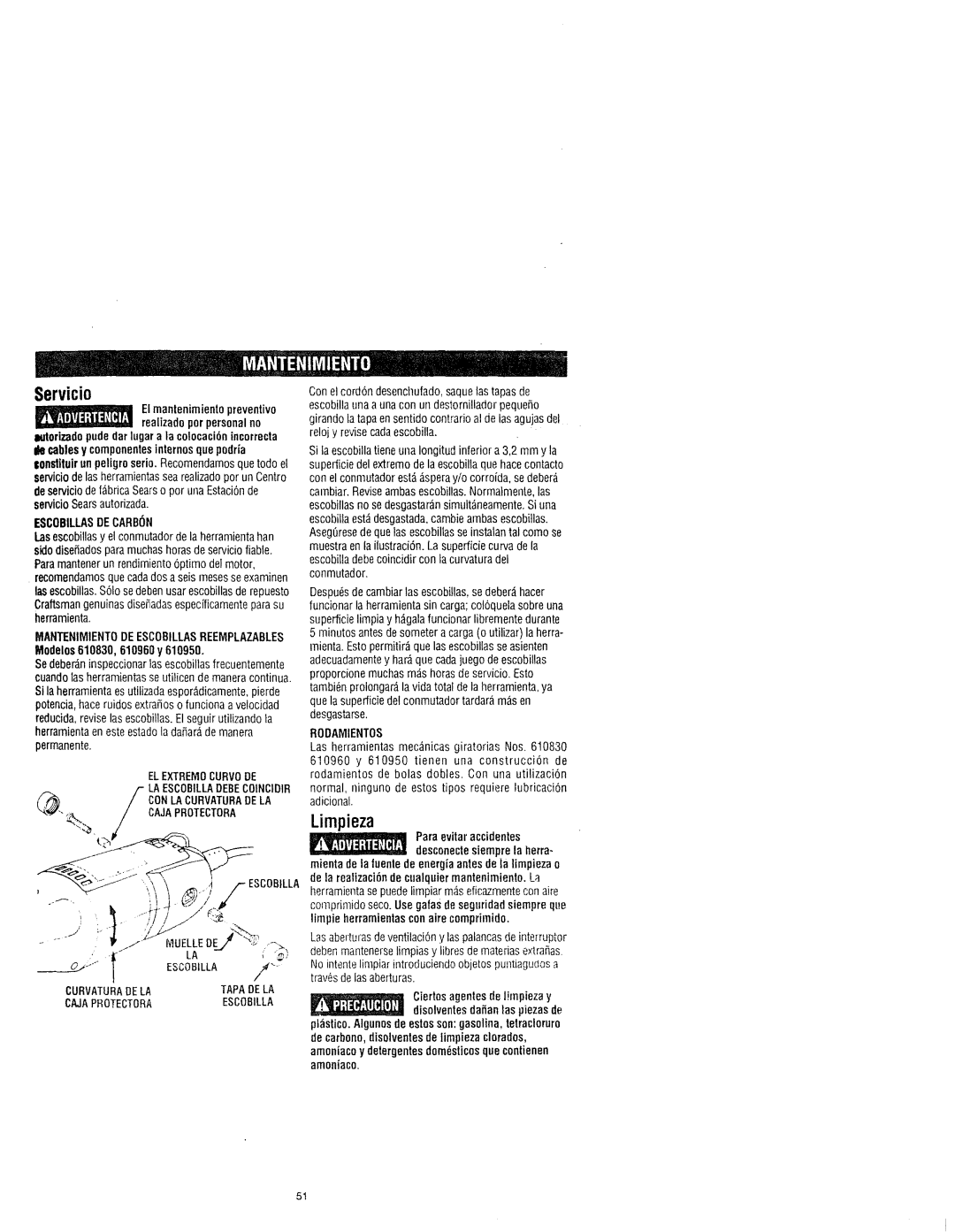 Craftsman 572.61083, 572.61096, 572.61095 owner manual Escobillasdecarbon 