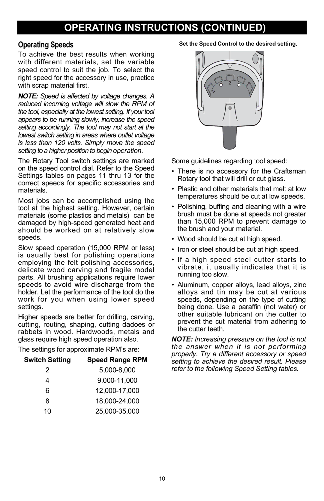 Craftsman 572.6112 owner manual Operating Instructions, Operating Speeds, Switch Setting Speed Range RPM 