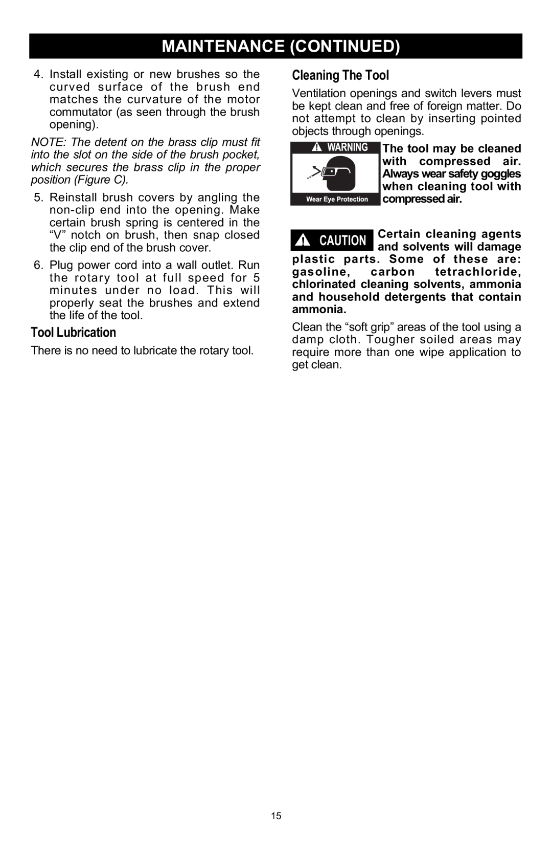 Craftsman 572.6112 owner manual Cleaning The Tool, Tool Lubrication 