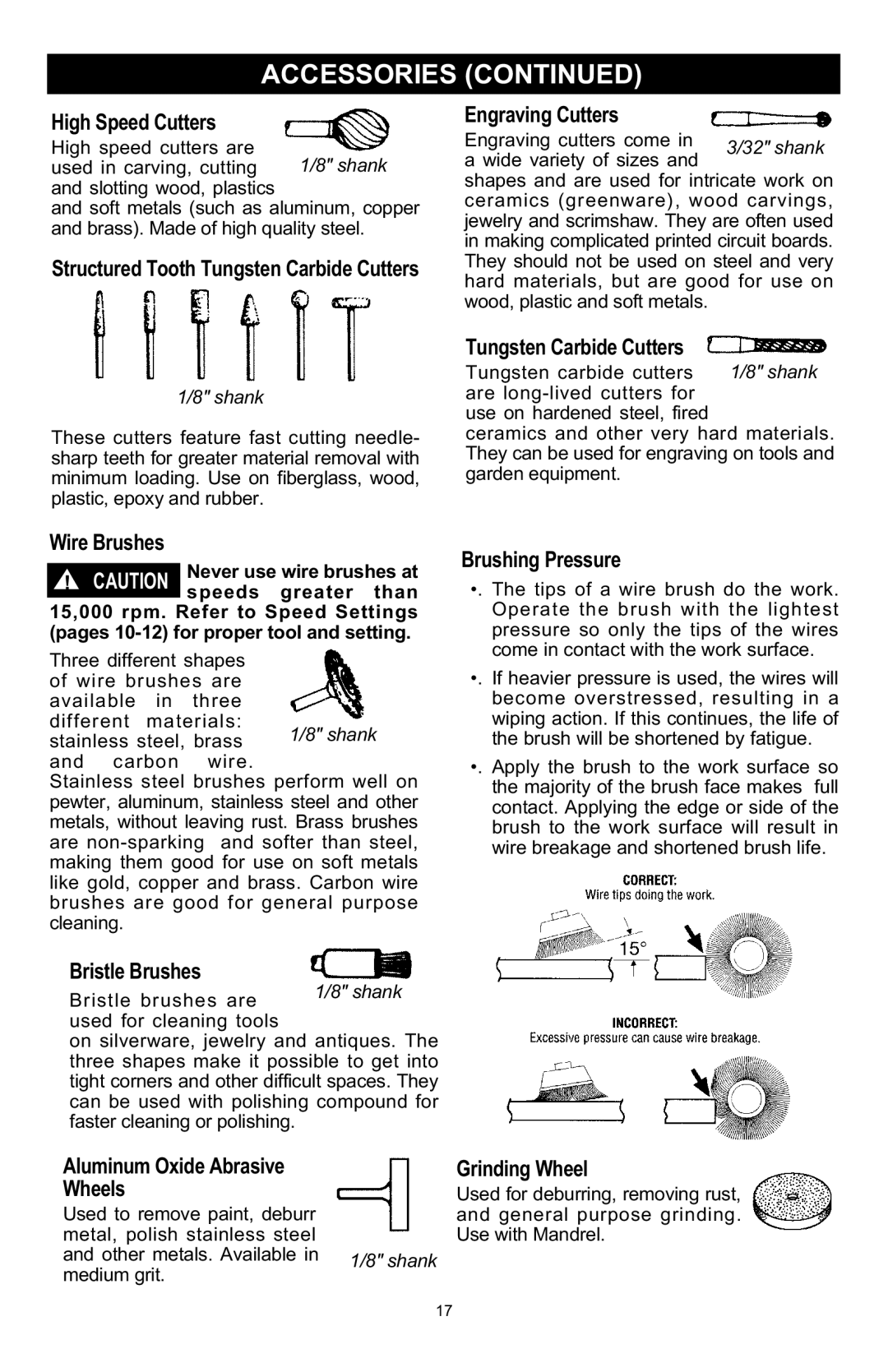 Craftsman 572.6112 owner manual Accessories, Aluminum Oxide Abrasive Grinding Wheel Wheels 