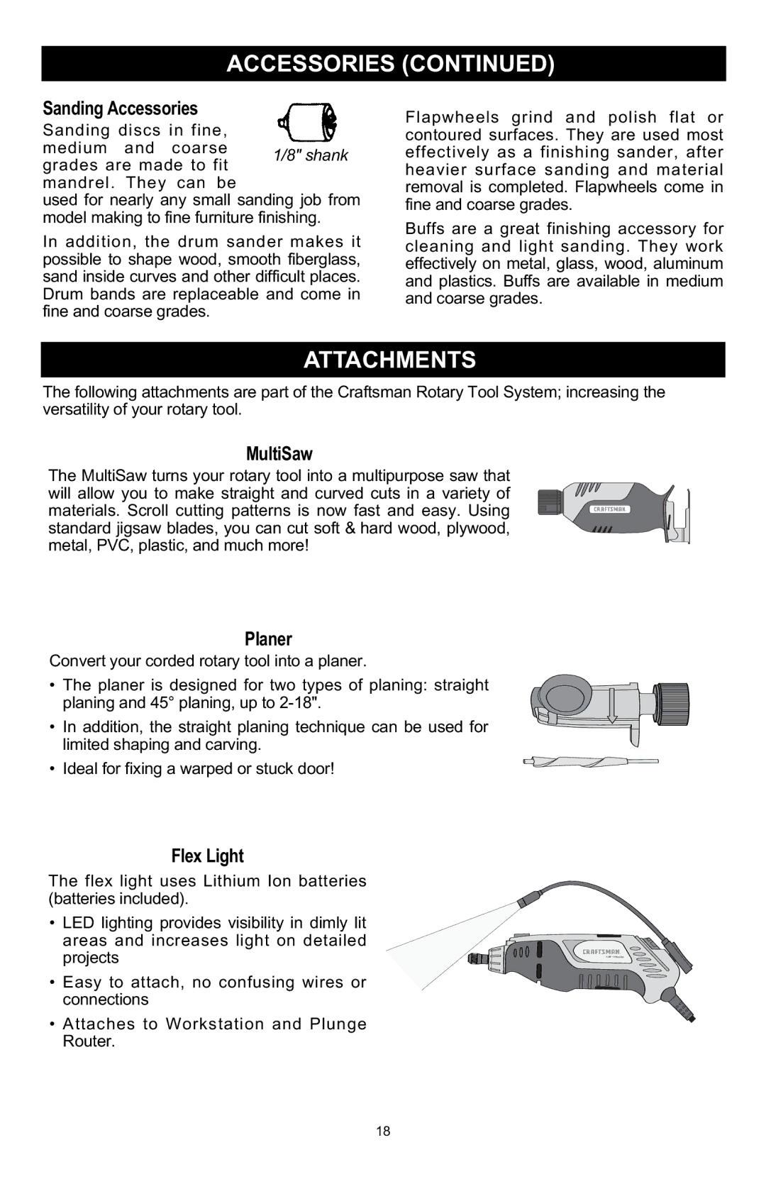 Craftsman 572.6112 owner manual Attachments, MultiSaw, Planer, Flex Light 