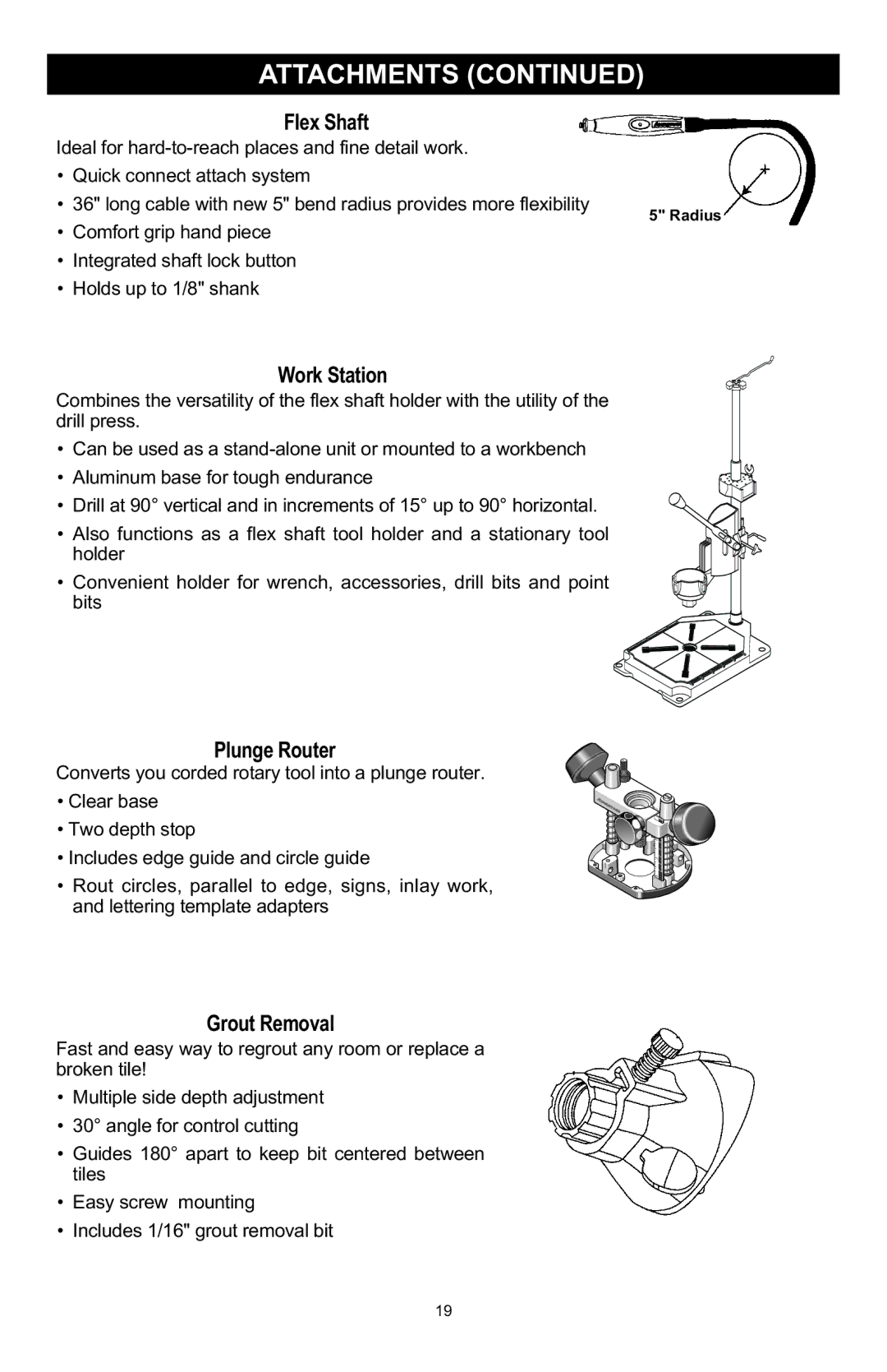 Craftsman 572.6112 owner manual Flex Shaft, Work Station, Plunge Router, Grout Removal 