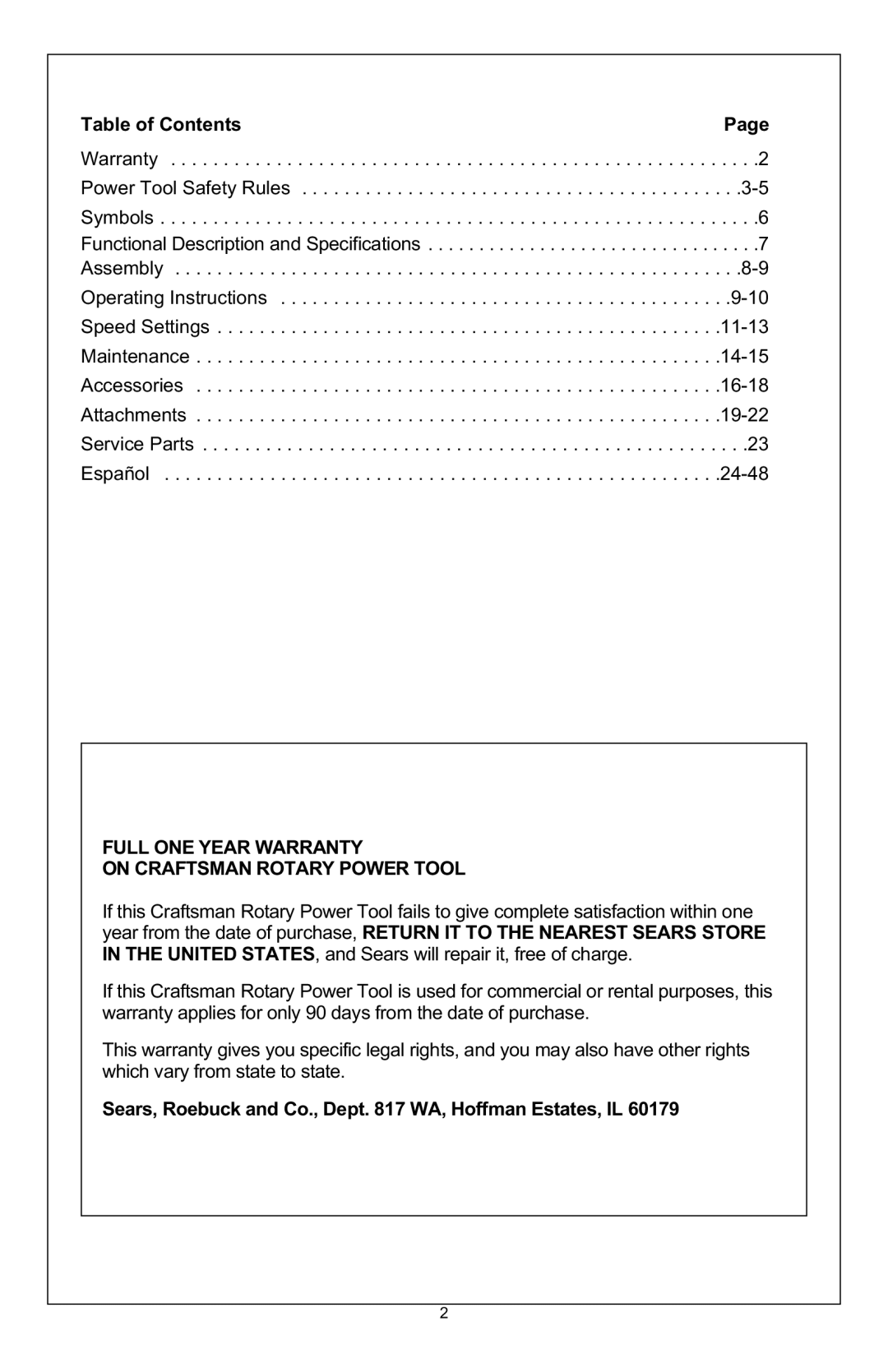 Craftsman 572.6112 owner manual Table of Contents, Sears, Roebuck and Co., Dept WA, Hoffman Estates, IL 