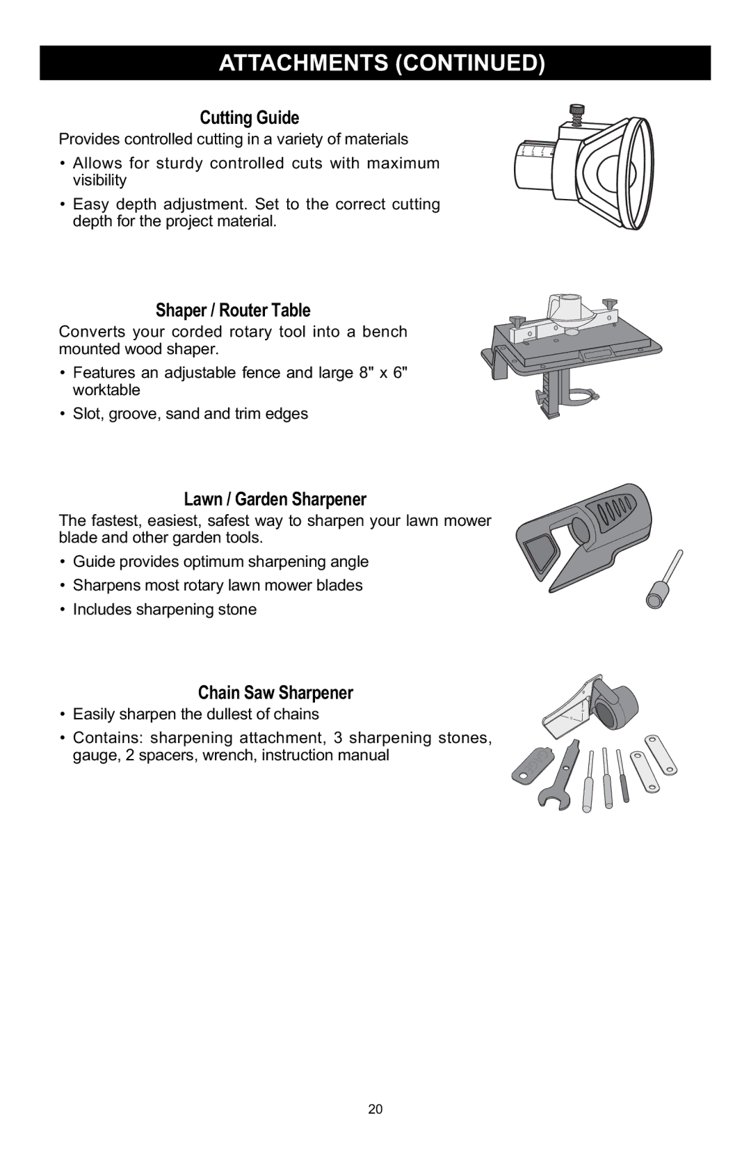 Craftsman 572.6112 owner manual Cutting Guide, Shaper / Router Table, Lawn / Garden Sharpener, Chain Saw Sharpener 