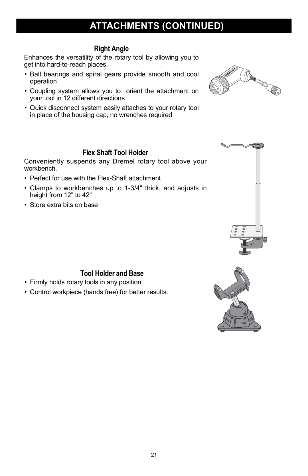 Craftsman 572.6112 owner manual Right Angle, Flex Shaft Tool Holder, Tool Holder and Base 