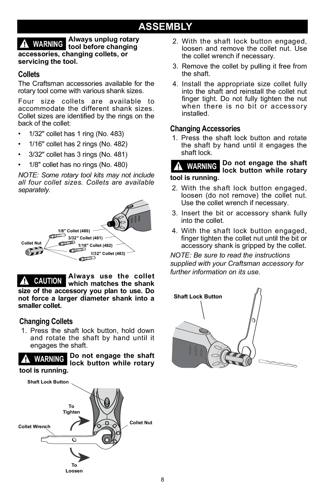 Craftsman 572.6112 owner manual Assembly, Changing Accessories, Changing Collets 