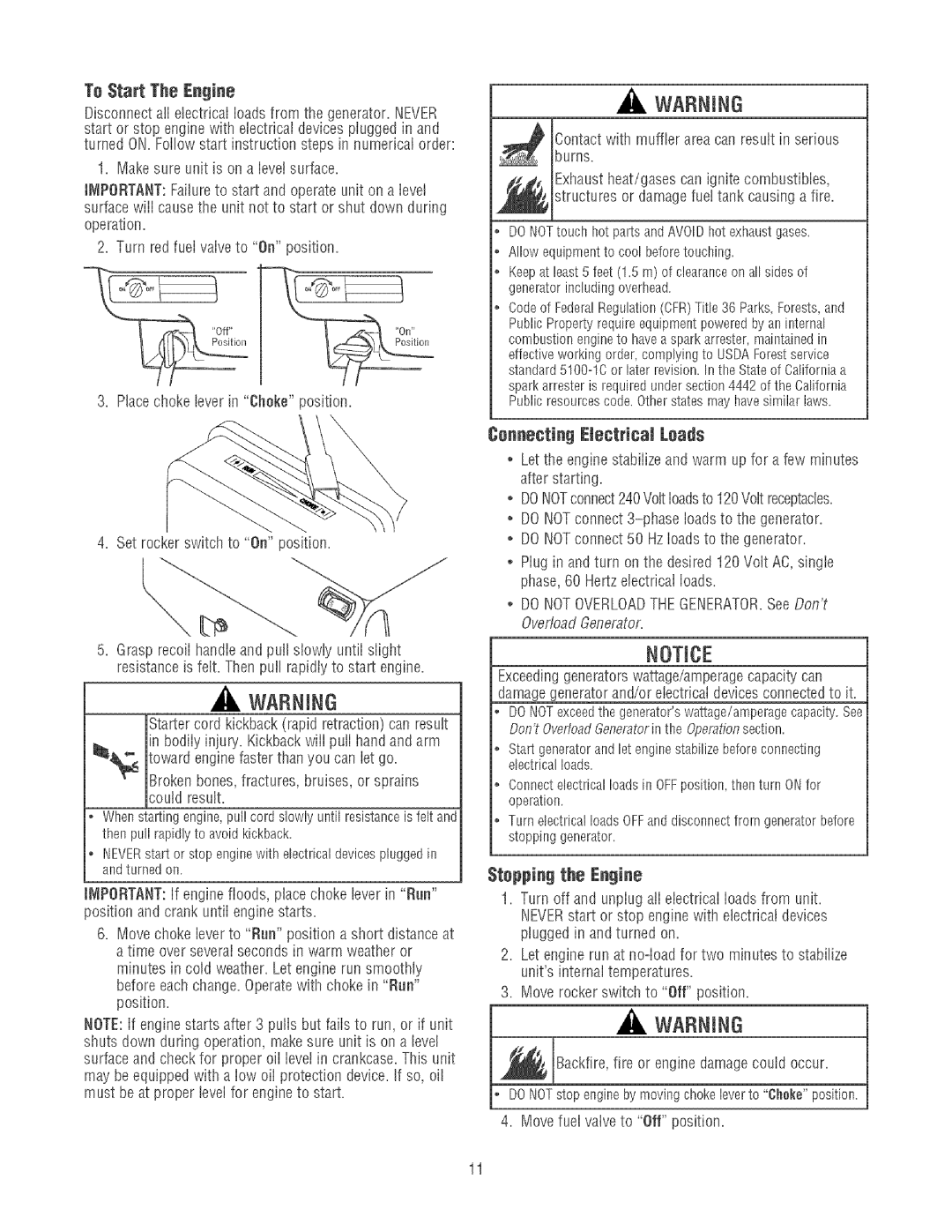 Craftsman 580.32561 operating instructions Connecting Electrical Loads, Stopping the Engine, Burns 