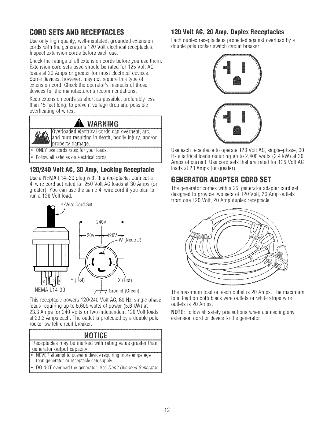 Craftsman 580.32561 operating instructions Csbdsetsand Receptacles, Volt AC, 28 Amp, #uplex Receptacles 