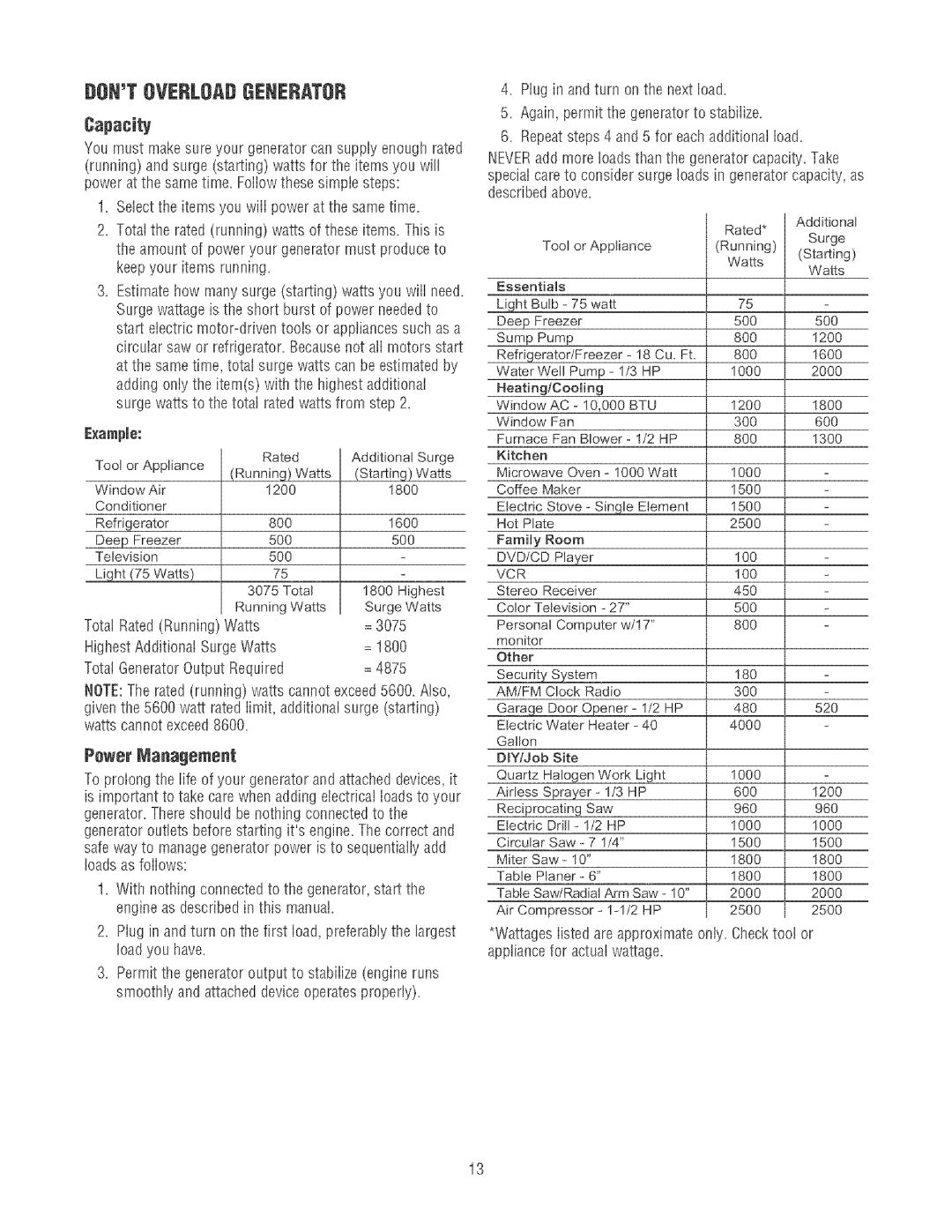 Craftsman 580.32561 operating instructions Dontoverloadgenerator, Capacity, Vcr 