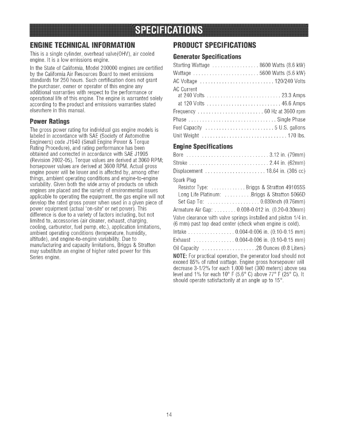 Craftsman 580.32561 EngineSpecifications, Power Ratings, Generator $pe¢ificatiens, Exhaust, OiI Capacity 