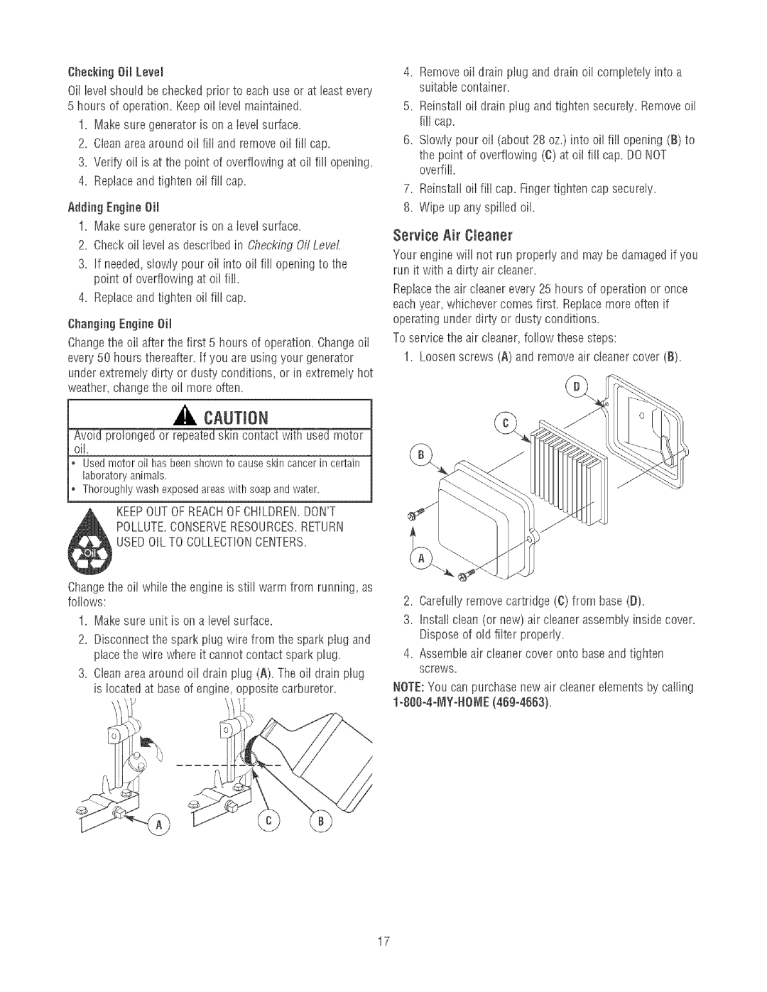 Craftsman 580.32561 operating instructions Service Air Cleaner, Keepoutofreachofchildren.Dont 