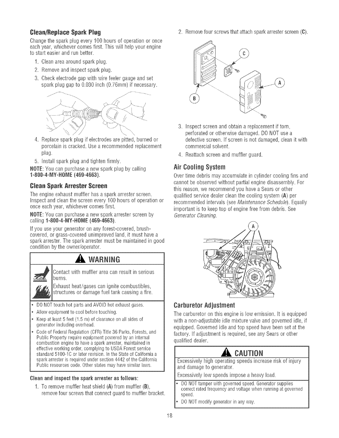 Craftsman 580.32561 operating instructions Air Cooling System, CJeanepJace Spark PJu9, Ctean Spark Attester Screen 