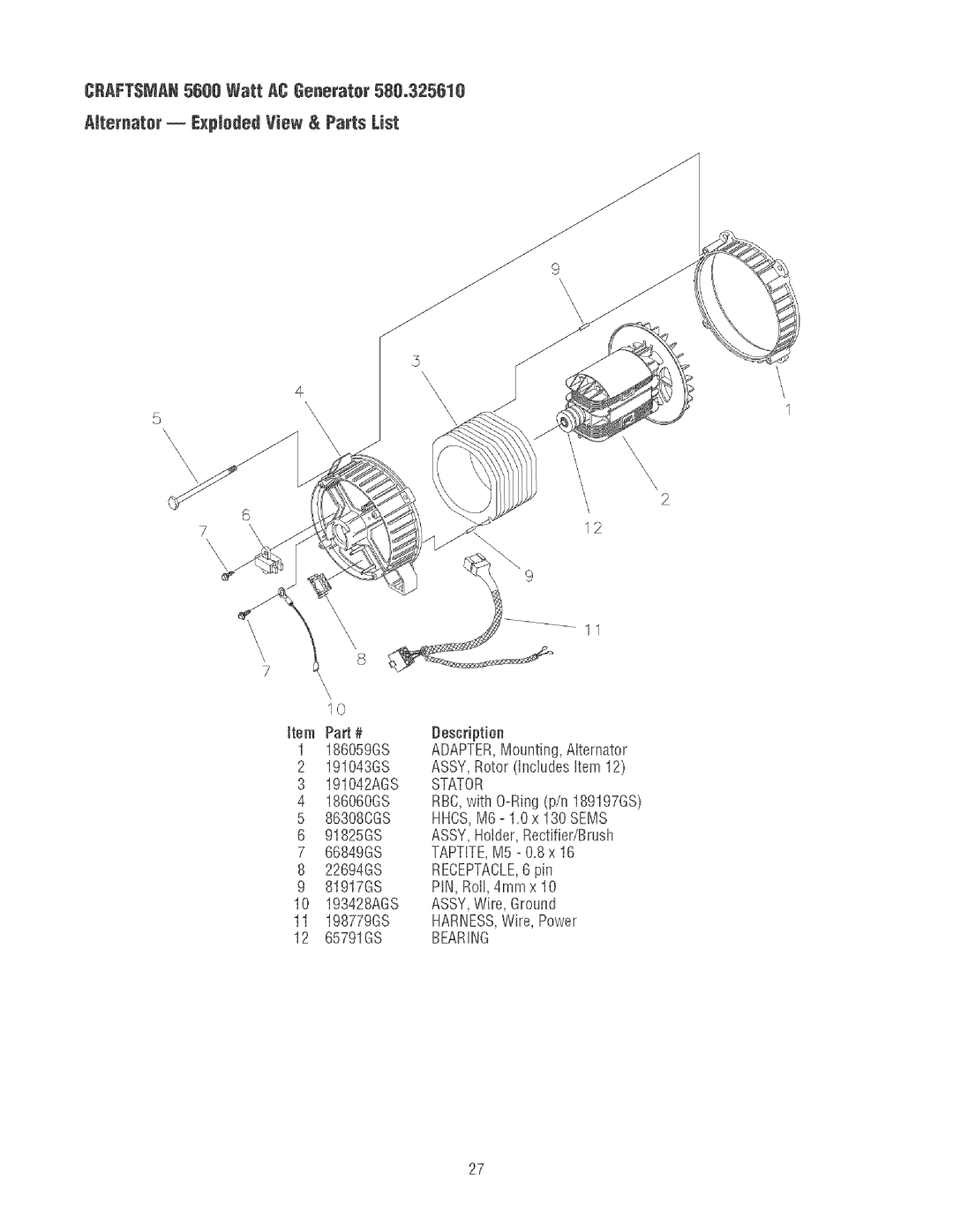 Craftsman 580.32561 operating instructions Stator, Bearing 