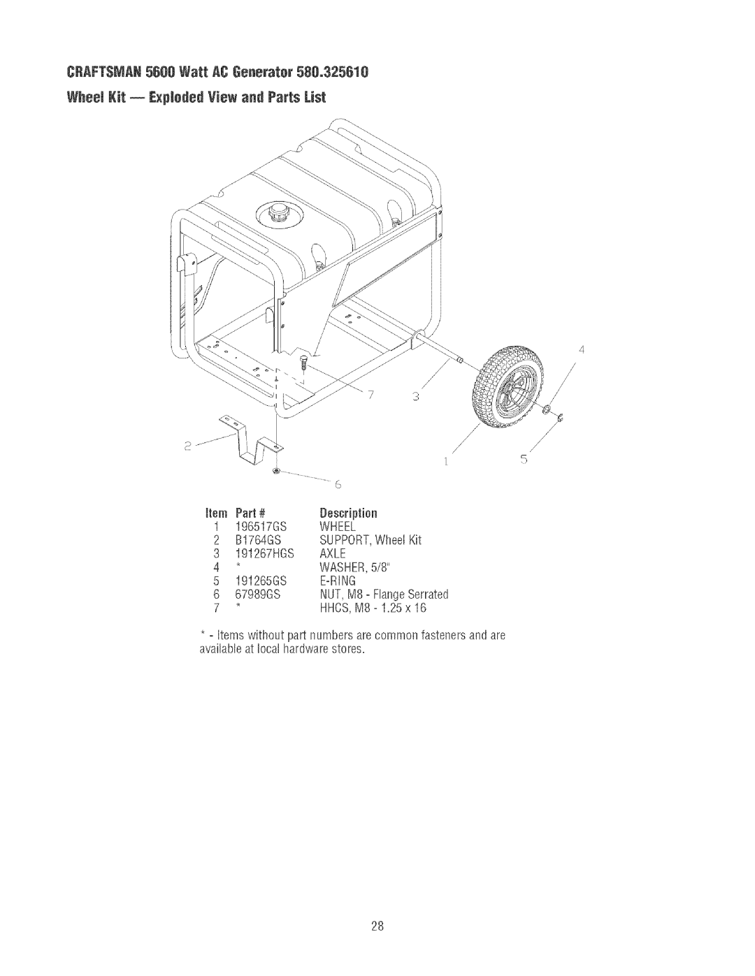 Craftsman 580.32561 operating instructions 196517GS, B1764GS SUPPORT,Wheel Kit 191267HGS, Axle, WASHER,5/8 