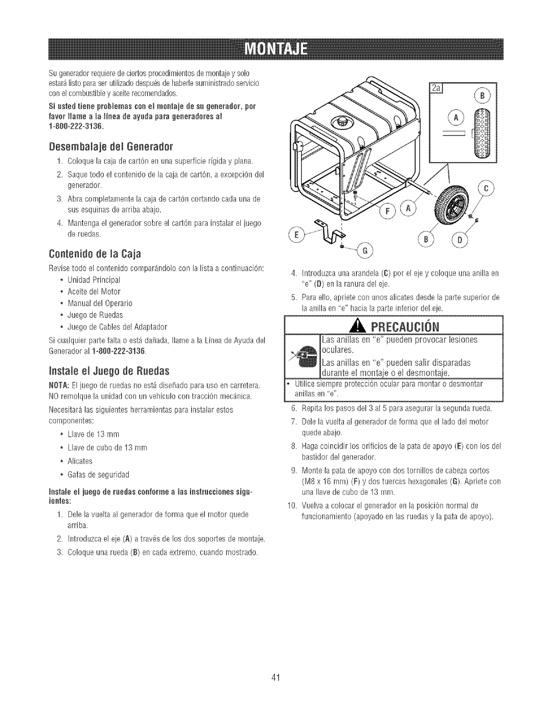 Craftsman 580.32561 operating instructions Desembalaje del Generader, Centenido de la Caja, Instale el Juege de Ruedas 