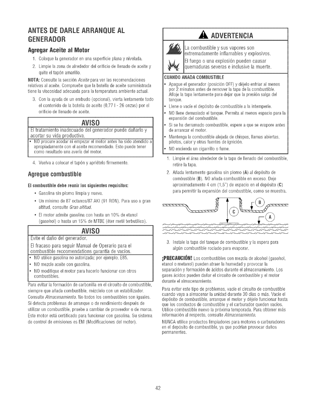 Craftsman 580.32561 operating instructions Antes DE Darle Arranqueal Genebadob, AVlSO, Agregar Aceite al Metor 