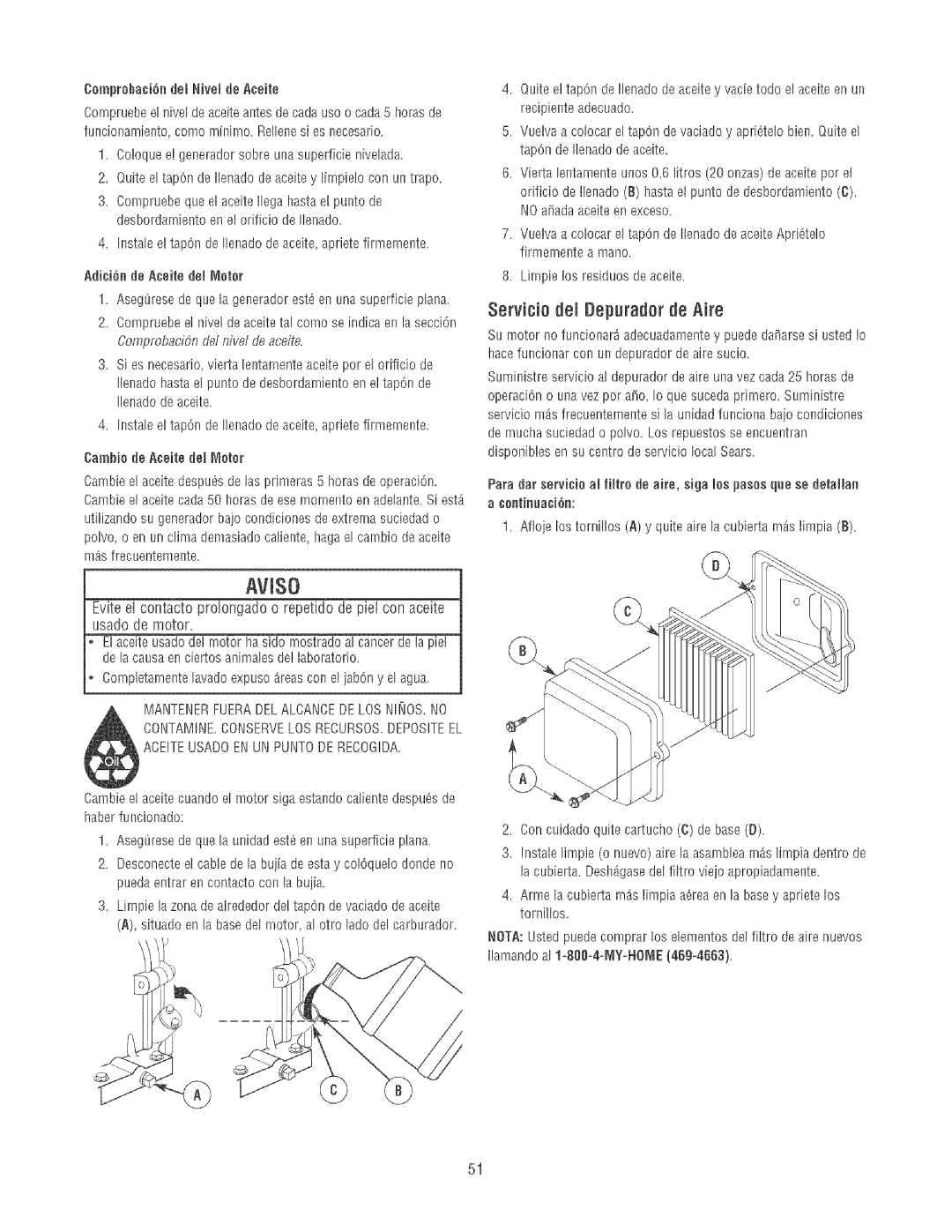 Craftsman 580.32561 operating instructions Servicio dei Depurador de Aire 