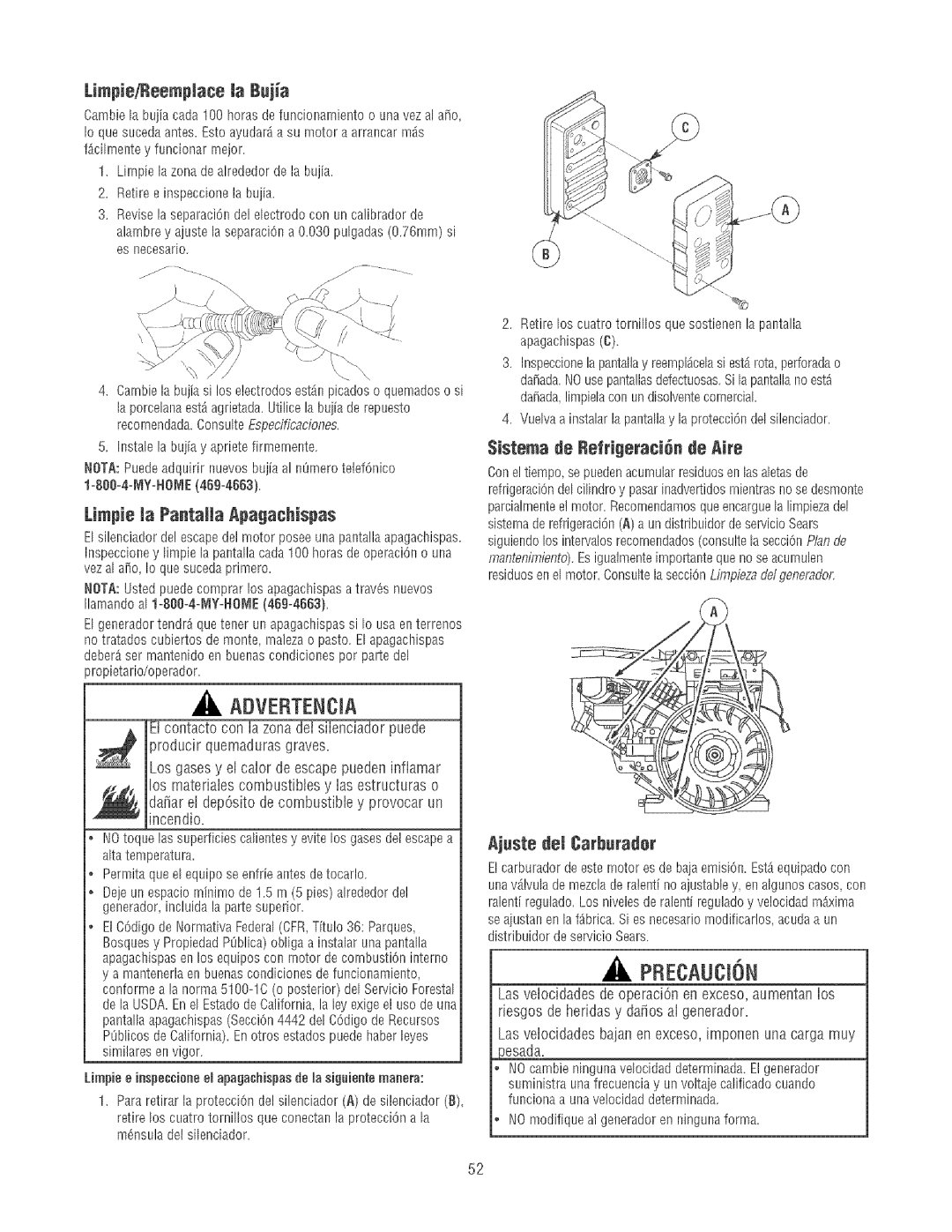 Craftsman 580.32561 LJmpJe/ReempJacela Buja, Limpie ia Pantalla Apagachispas, $istema de Refrigeraci6n de Aire 