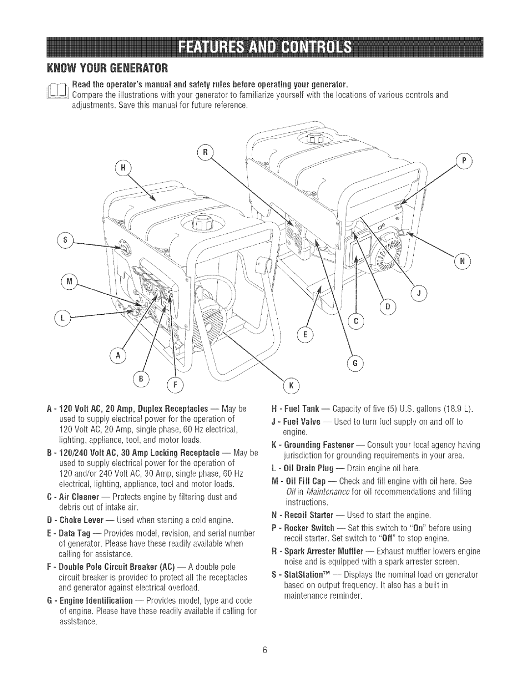 Craftsman 580.32561 operating instructions Knowyourgenerator, Adjustments. Savethis manual for future reference 