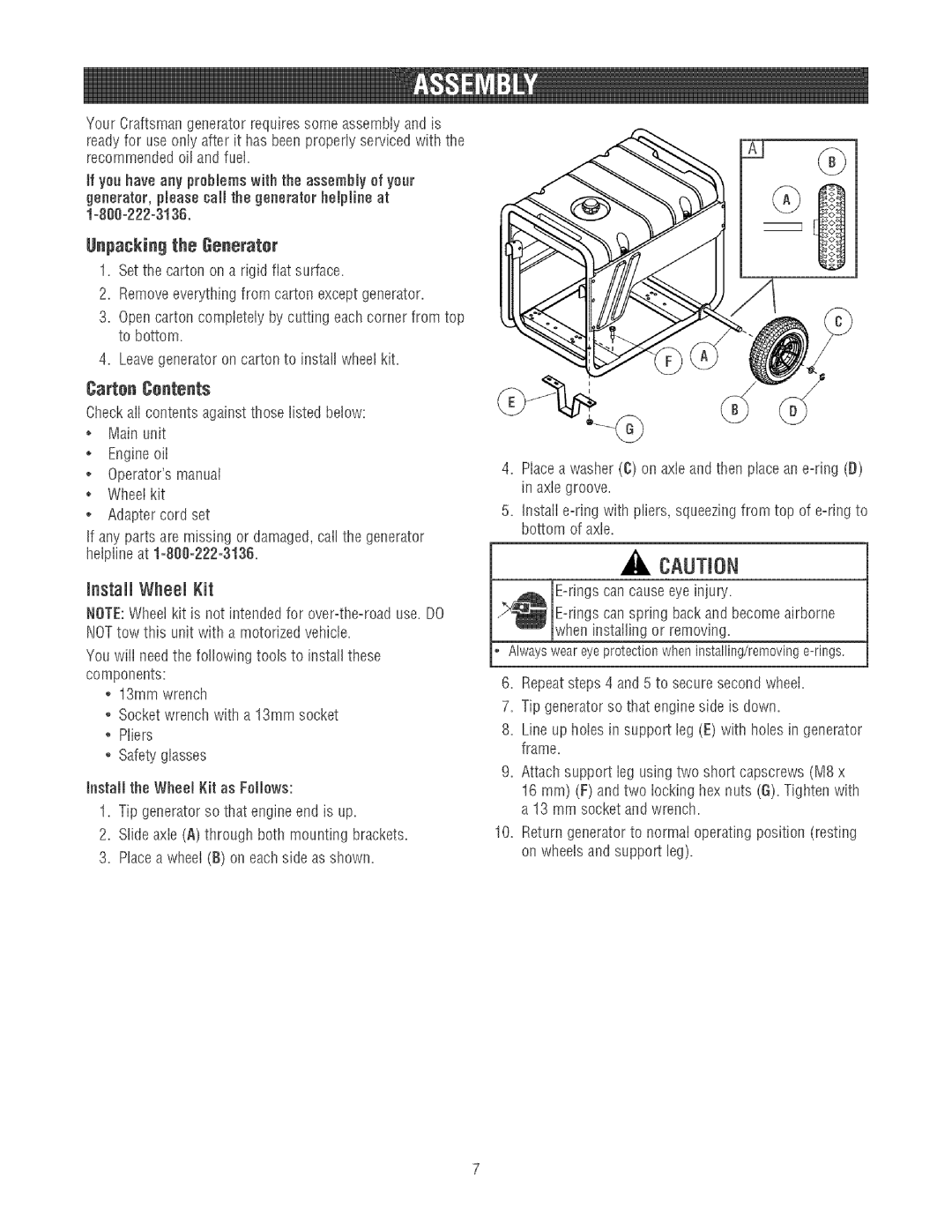 Craftsman 580.32561 TfyouhaveanyprobbmswiththeassemMyofyour, Nstall Wheel Kit, Unpacking the Generater, Carten Centents 