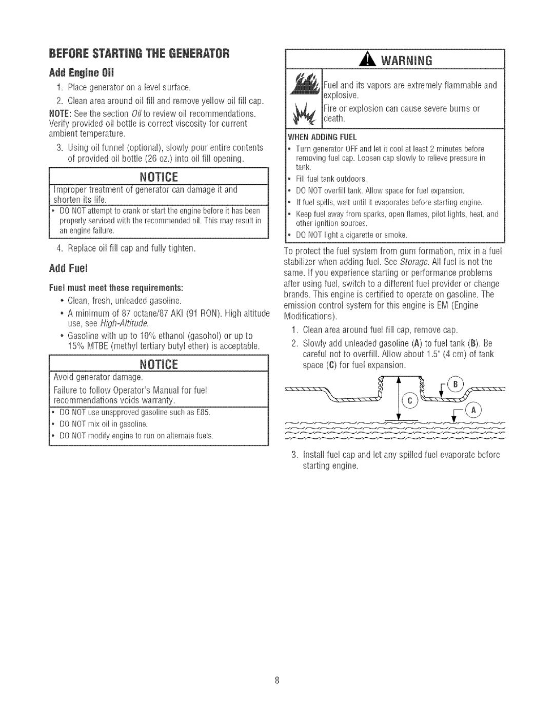 Craftsman 580.32561 operating instructions Beforestartingthe Generator, Add Engine Oil, Whenaddingfuel 