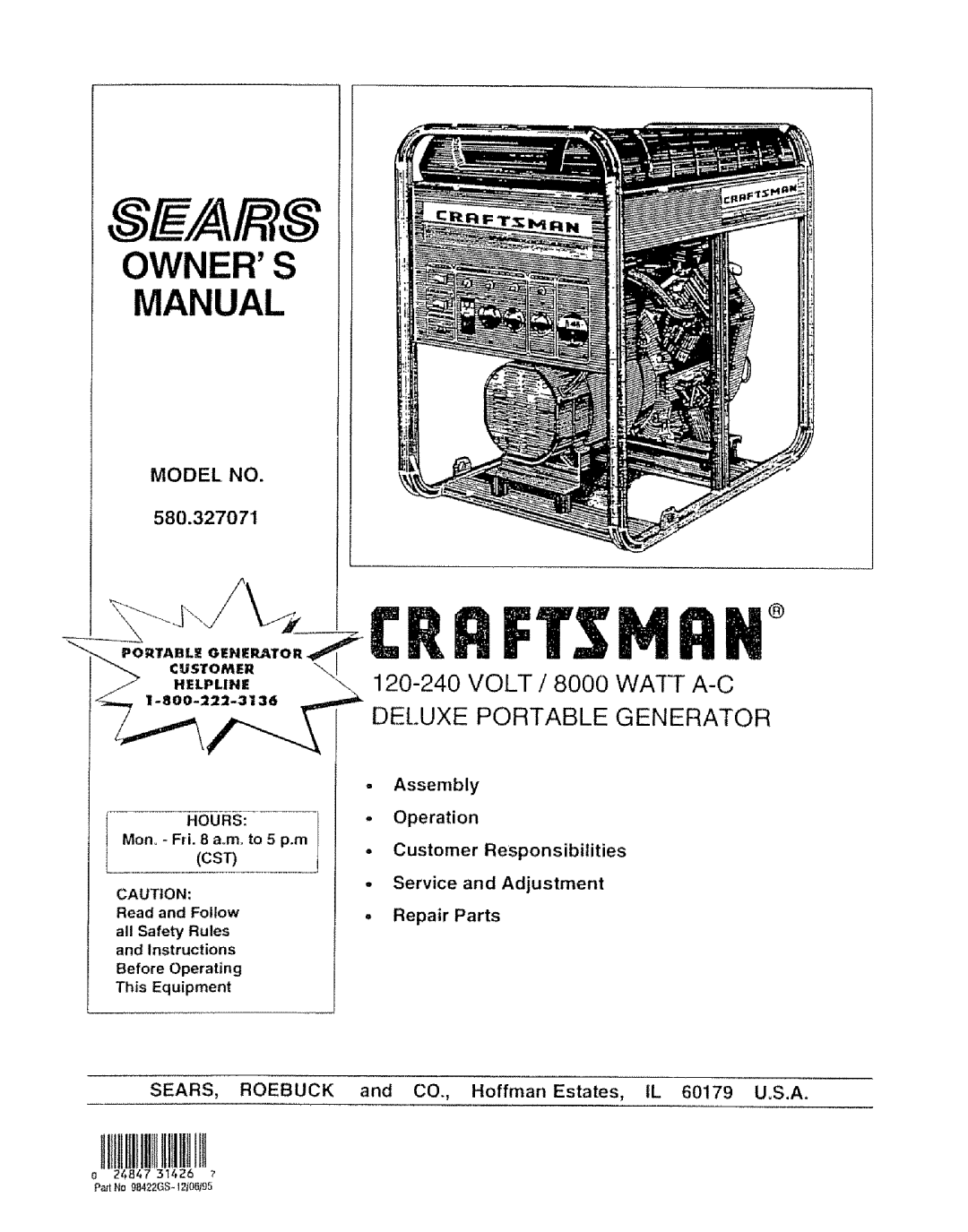 Craftsman 580.327071 owner manual Model no, Hours, Assembly, Service and Adjustment Repair Parts 