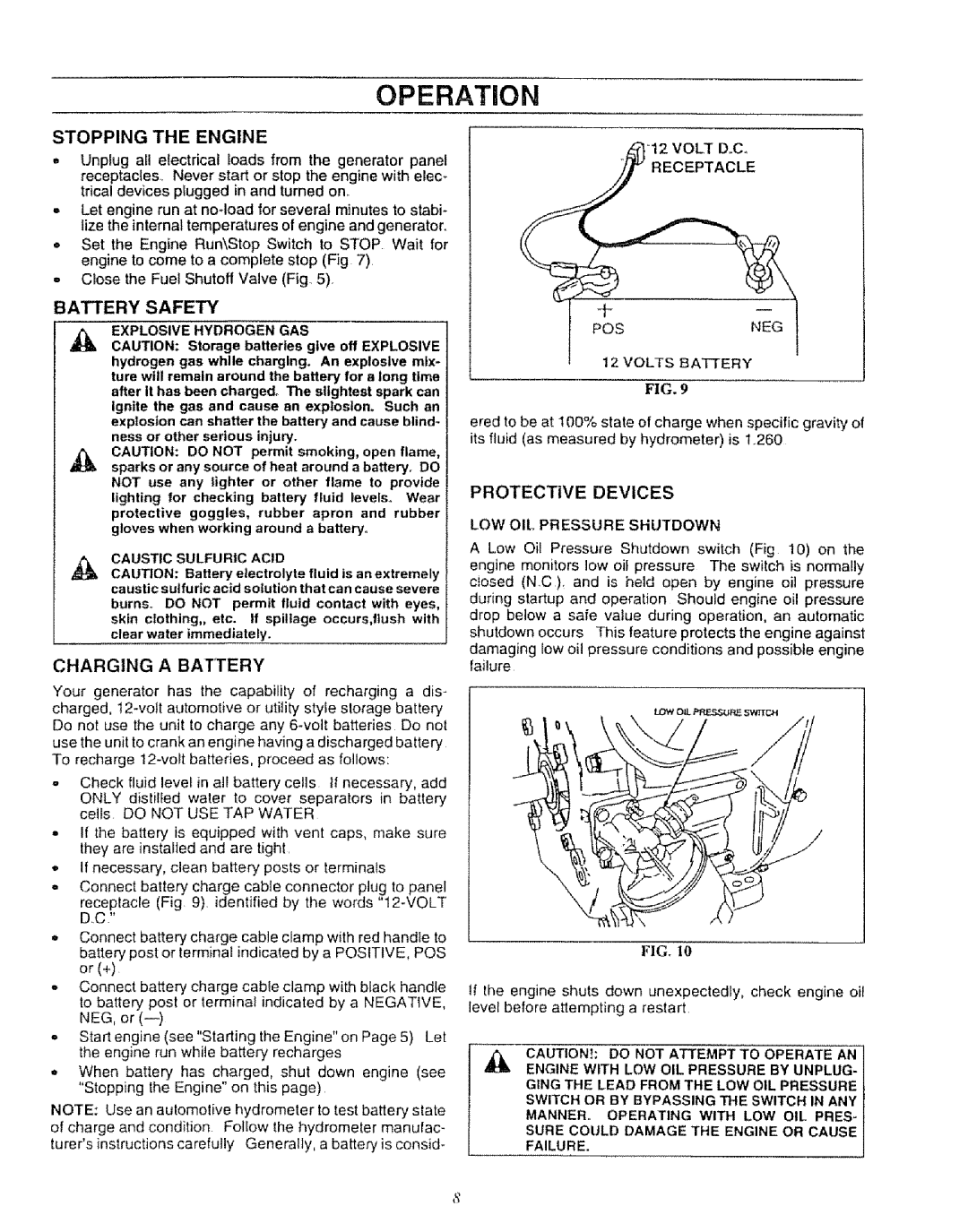 Craftsman 580.327071 owner manual Operation, Stopping the Engine, Battery Safety, Charging a Battery, Protective Devices 