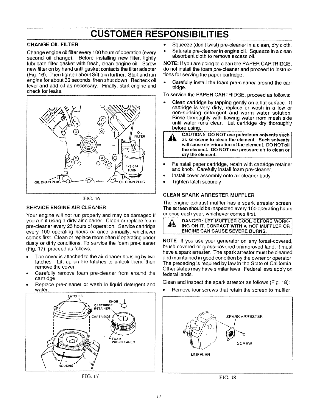 Craftsman 580.327071 owner manual Customer Responsibilities, Change OIL Filter 