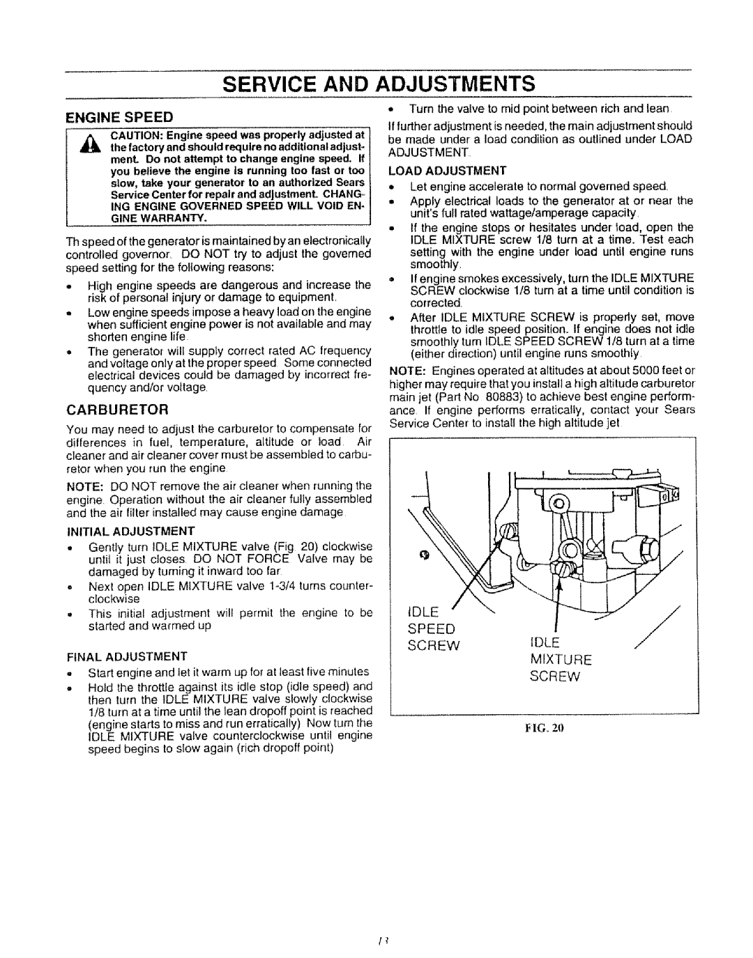 Craftsman 580.327071 owner manual Service and Adjustments, Engine Speed, Carburetor 