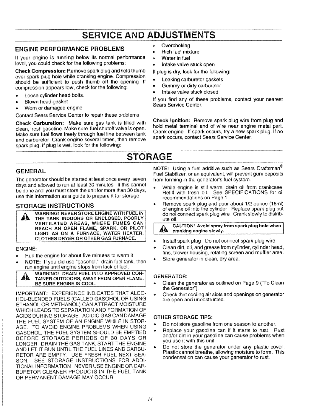 Craftsman 580.327071 owner manual Engine Performance Problems 