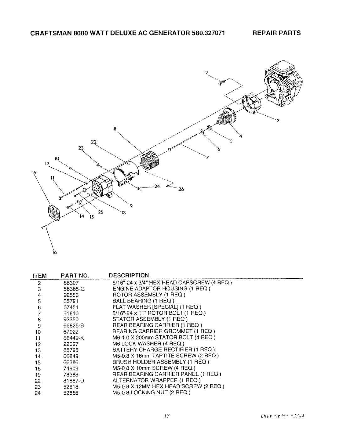 Craftsman 580.327071 owner manual Craftsman 8000 Watt Deluxe AC Generator Repair Parts, Description, M6 Lock Washer 4 REQ 