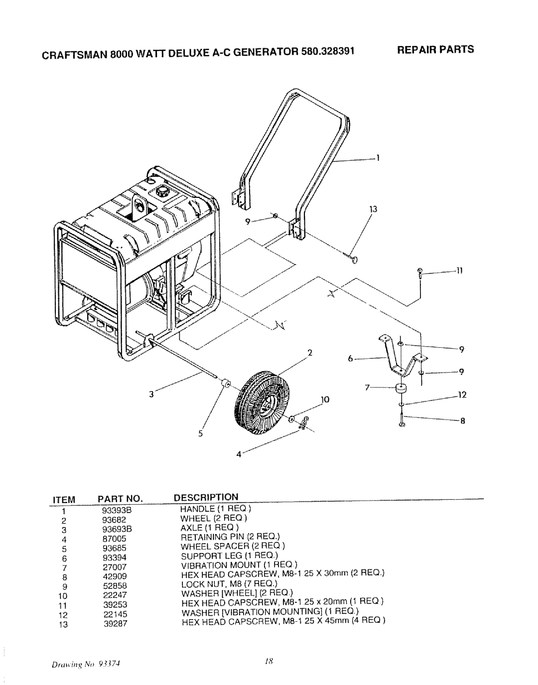 Craftsman 580.327071 owner manual Craftsman 8000 Watt Deluxe A-C Generator Repair Parts, Item Part no, Washer Wheel 2 REQ 