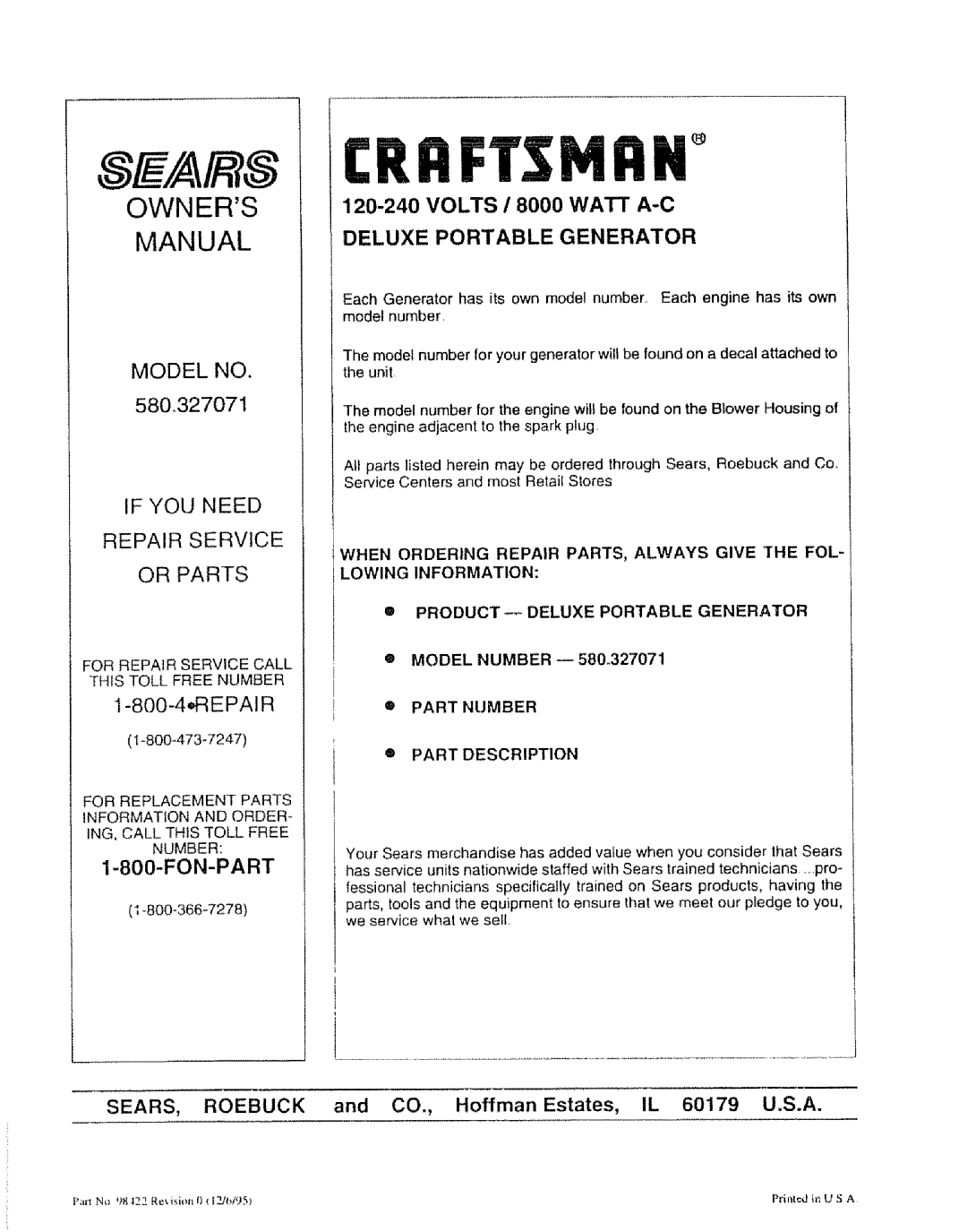 Craftsman 580.327071 owner manual Lowing Information, PRODUCT-- Deluxe Portable Generator Model Number, Part Description 