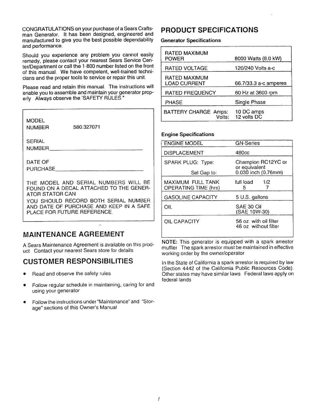 Craftsman 580.327071 Model, Serial Number Date Purchase, Rated Maximum Power, Rated Voltage, Rated Maximum Load Current 