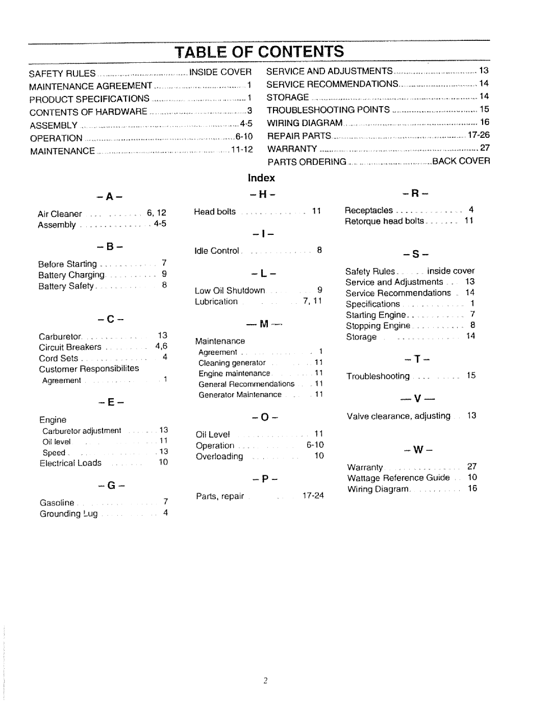 Craftsman 580.327071 owner manual Table of Contents 