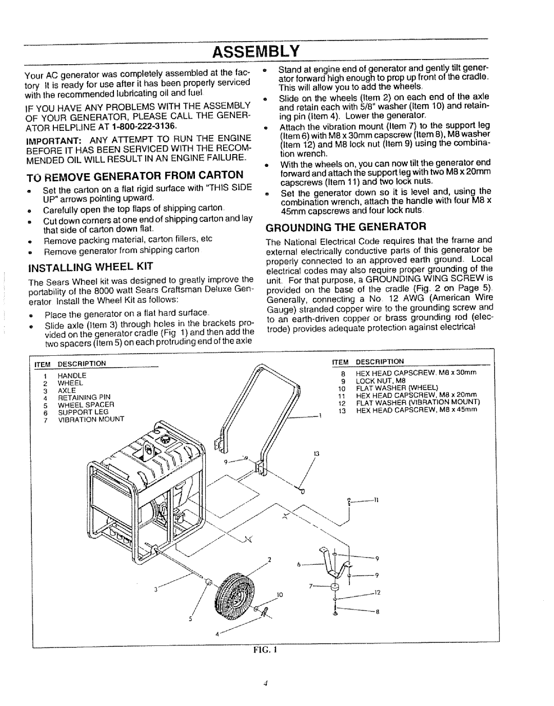 Craftsman 580.327071 owner manual Assembly, To Remove Generator from Carton, Grounding the Generator, Installing Wheel KIT 