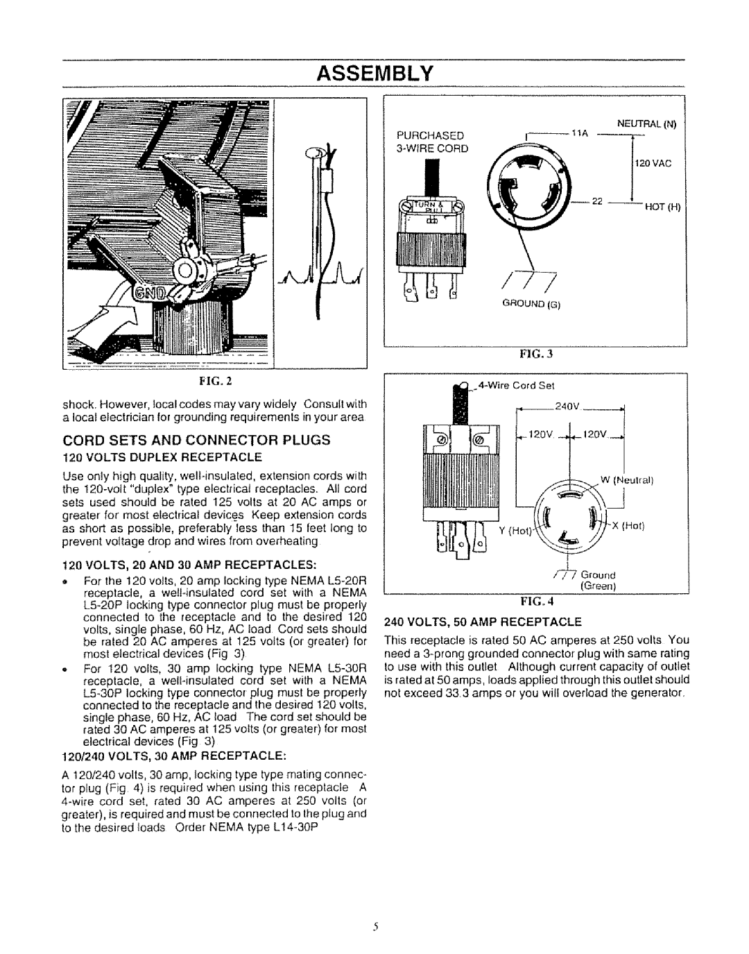 Craftsman 580.327071 owner manual 120/240 VOLTS, 30 AMP Receptacle, VOLTS, 50 AMP Receptacle 