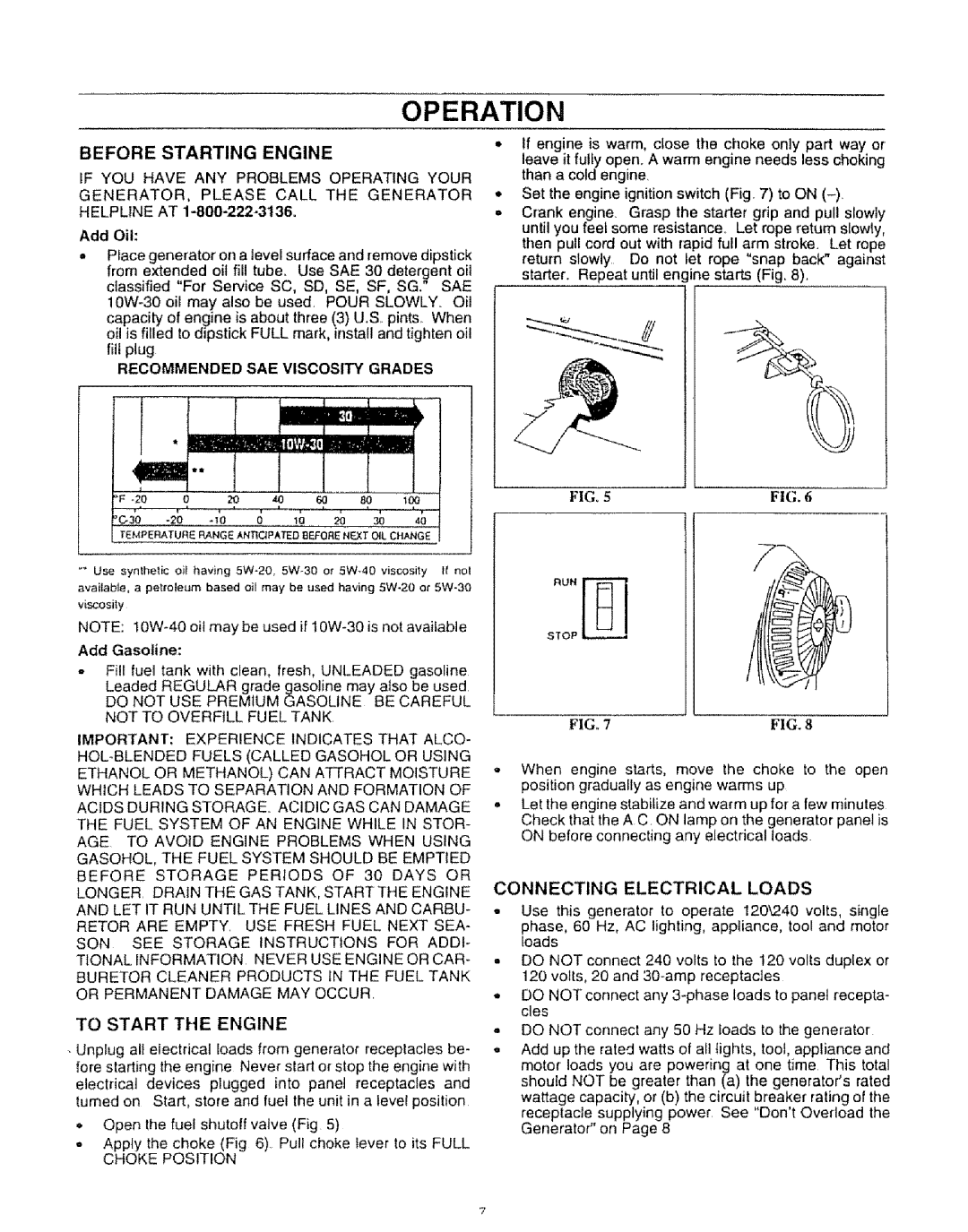 Craftsman 580.327071 Before Starting Engine, Add Oil, Recommended SAE Viscosity Grades, Connecting Electrical Loads 